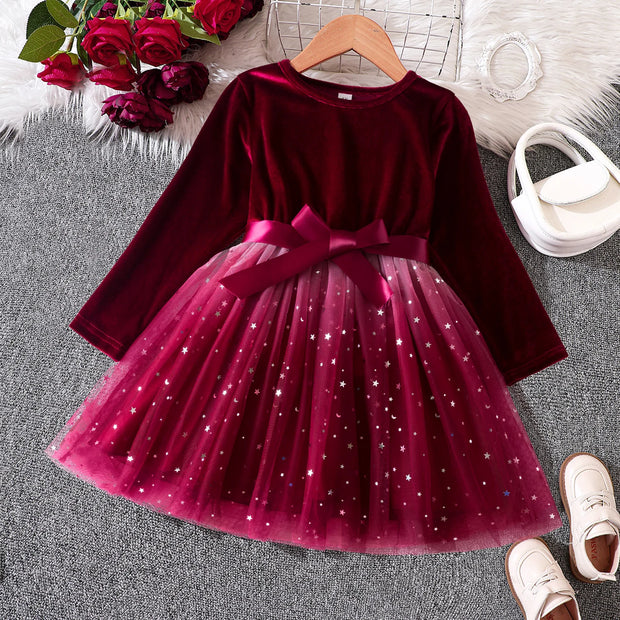 Maroon velvet dress with pink tulle skirt on a hanger, surrounded by flowers and shoes.
