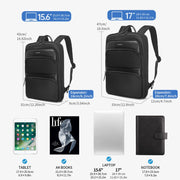 Two black backpacks with measurements and items they can carry displayed.