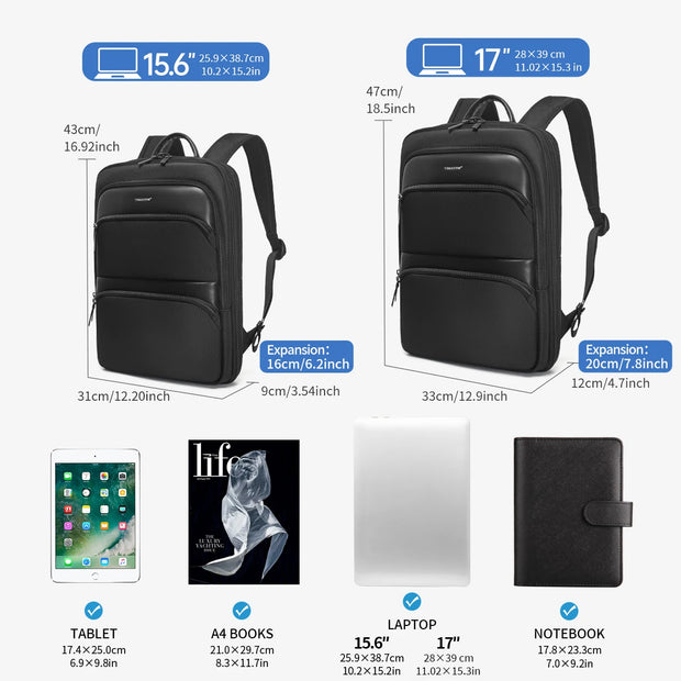 Two black backpacks with measurements and items they can carry displayed.