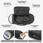 Black duffel bag with various compartments and features highlighted on a white background
