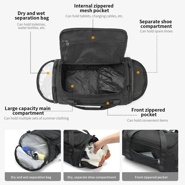 Black duffel bag with various compartments and features highlighted on a white background