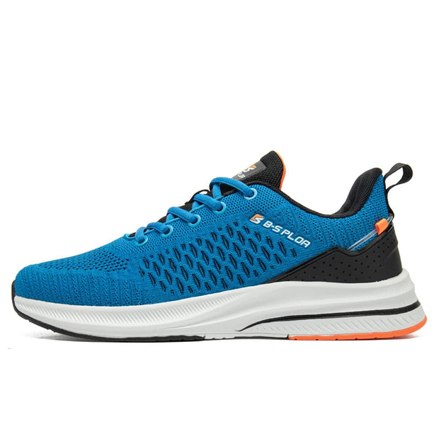 Blue running shoe with black and orange accents on a white background