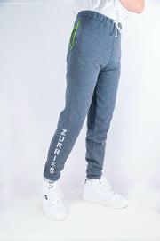 Blue jogger pants with 'Zurries' branding on a white background