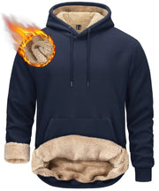 Navy blue hoodie with beige fleece lining on a white background