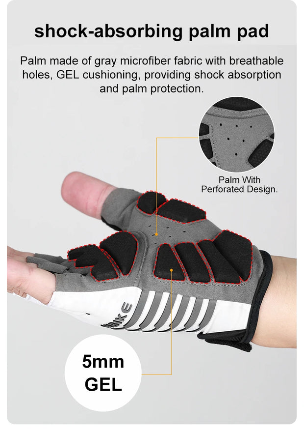 Glove with shock-absorbing palm pad and breathable holes, featuring gray microfiber fabric and gel cushioning.