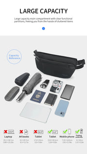 Black waist bag with capacity reference items on a white background
