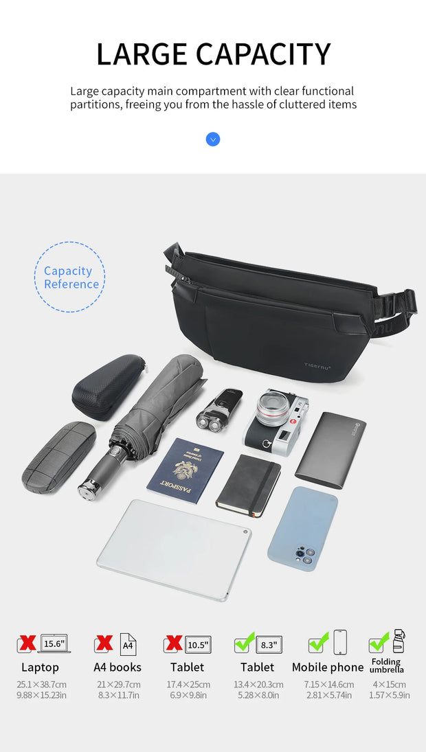 Black waist bag with capacity reference items on a white background