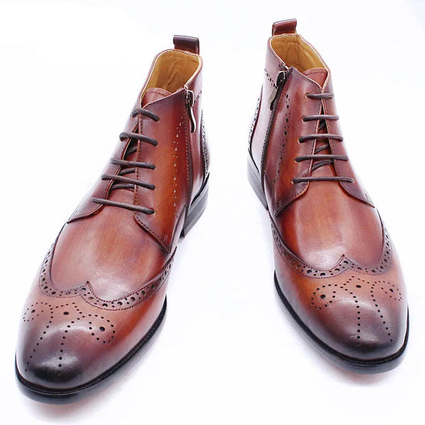 Brown leather dress shoes with laces on a white background
