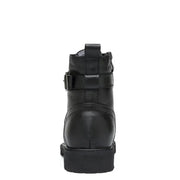 Black leather boot with a buckle on a white background