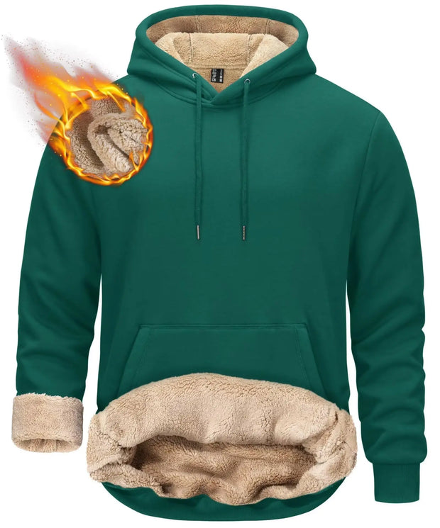 Green hoodie with beige lining and flame graphic on a white background