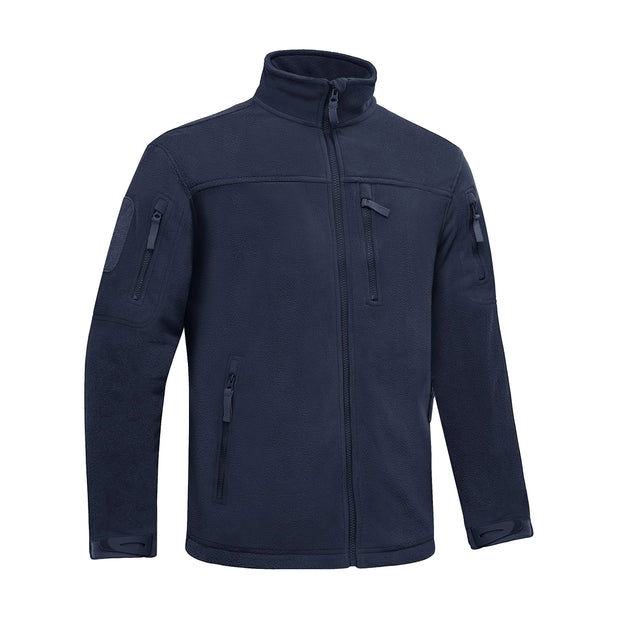 Navy blue jacket with zippers on a white background