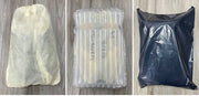 Three different packaging methods on a wooden surface