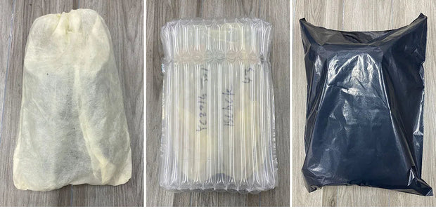 Three different packaging methods on a wooden surface