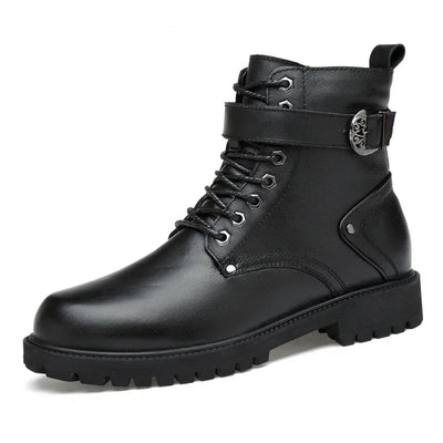 Black leather boot with a strap and buckle on a white background