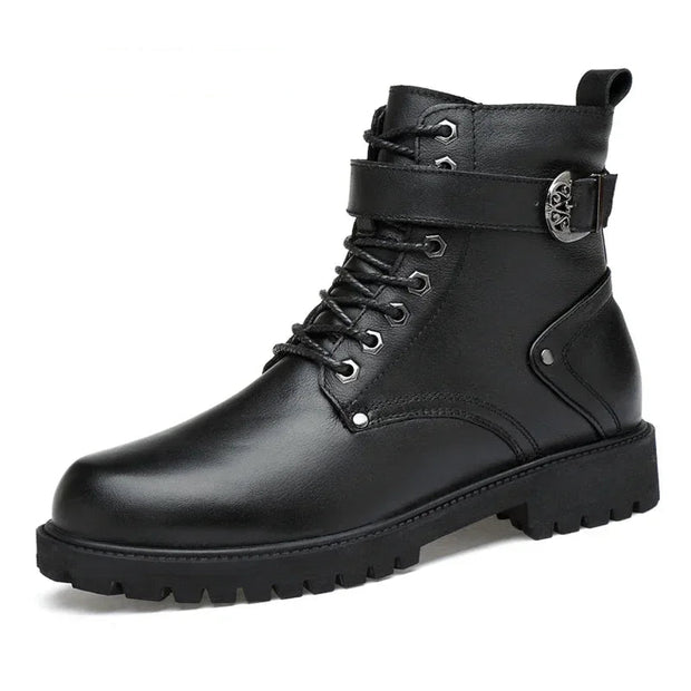 Black leather boot with a strap and buckle on a white background