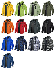Collection of various colored jackets with a hood on a white background