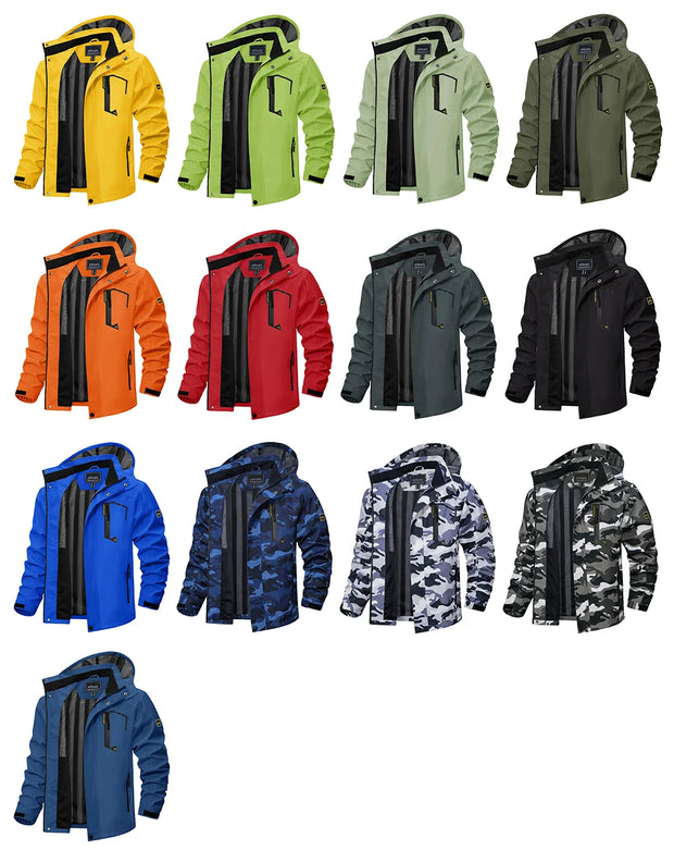 Collection of various colored jackets with a hood on a white background