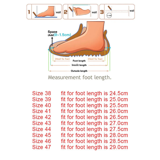 Measurement chart for foot length 