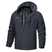Dark gray jacket with yellow accents on a white background