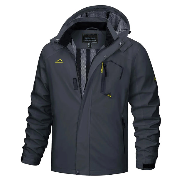 Dark gray jacket with yellow accents on a white background