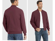 Maroon bomber jacket displayed from front and back on a man against a white background