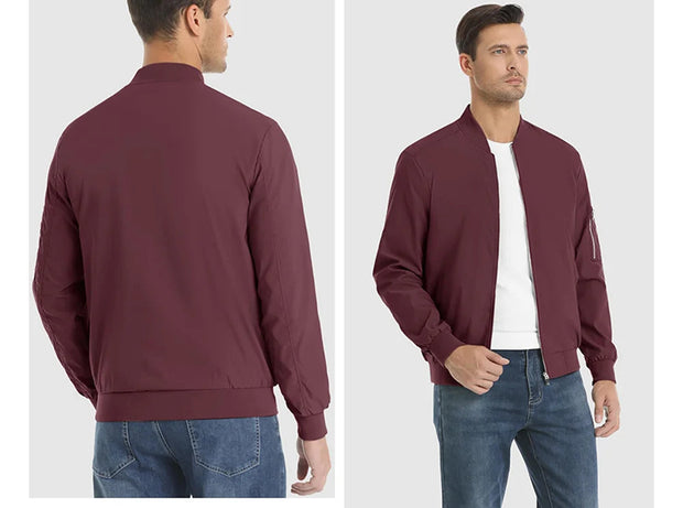 Maroon bomber jacket displayed from front and back on a man against a white background