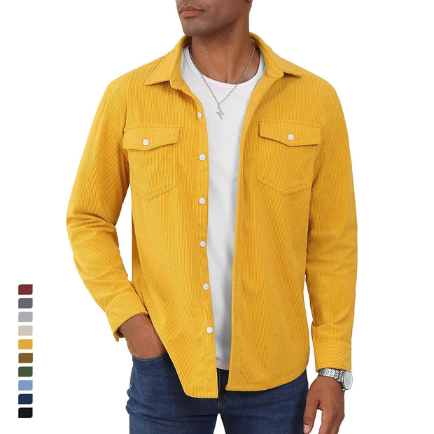 Yellow corduroy shirt worn by a person on a white background