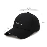 Black cap with white logo and measurements on a white background