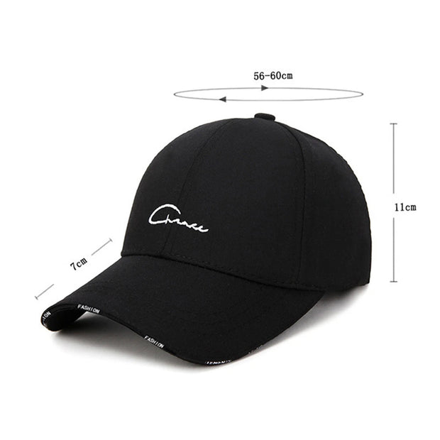Black cap with white logo and measurements on a white background