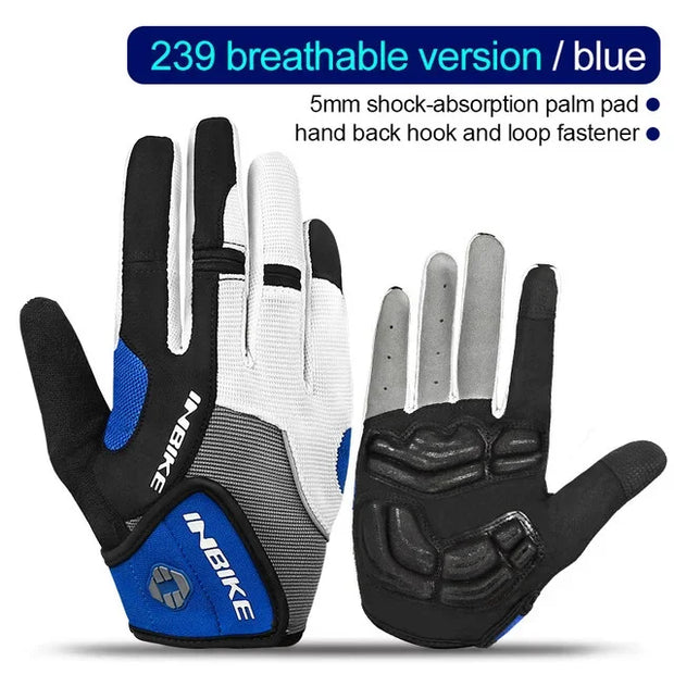 Pair of black, white, and blue gloves with text detailing features on a white background