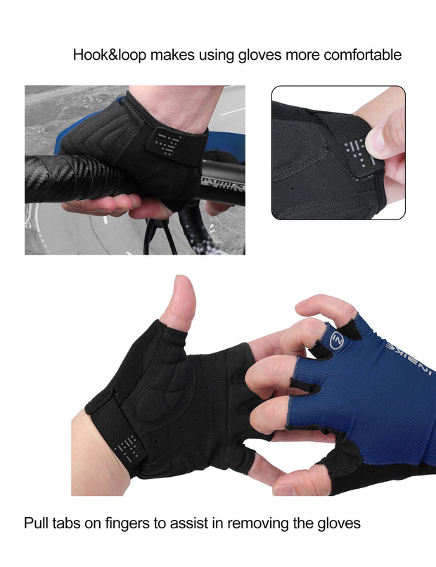 Gloves with hook and loop design, showing how to use pull tabs for removal.