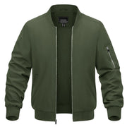 Green bomber jacket with a visible brand label on a white background