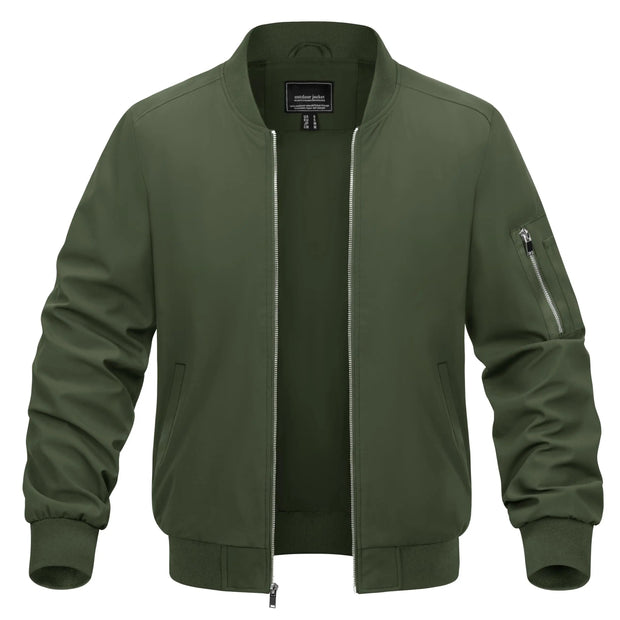 Green bomber jacket with a visible brand label on a white background