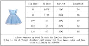 Table displaying dress size chart with tag sizes, US sizes, bust measurements, and lengths.