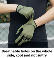 Person wearing green cycling gloves with text about breathability