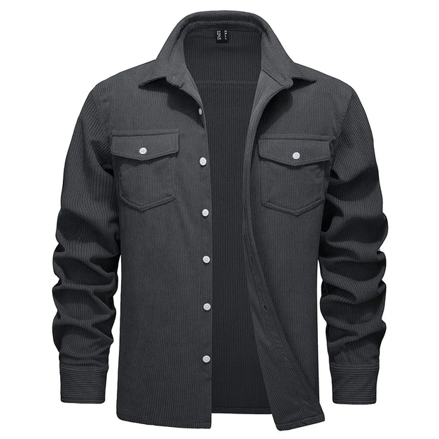 Black button-up shirt with two front pockets on a white background