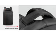 Black backpack with a durable thickened handle highlighted on a white background