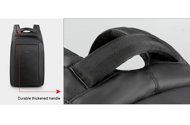 Black backpack with a durable thickened handle highlighted on a white background