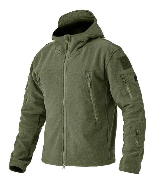 Green tactical jacket with multiple pockets and zippers on a white background