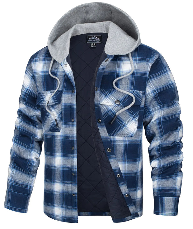 Blue and white plaid jacket with a hood on a white background