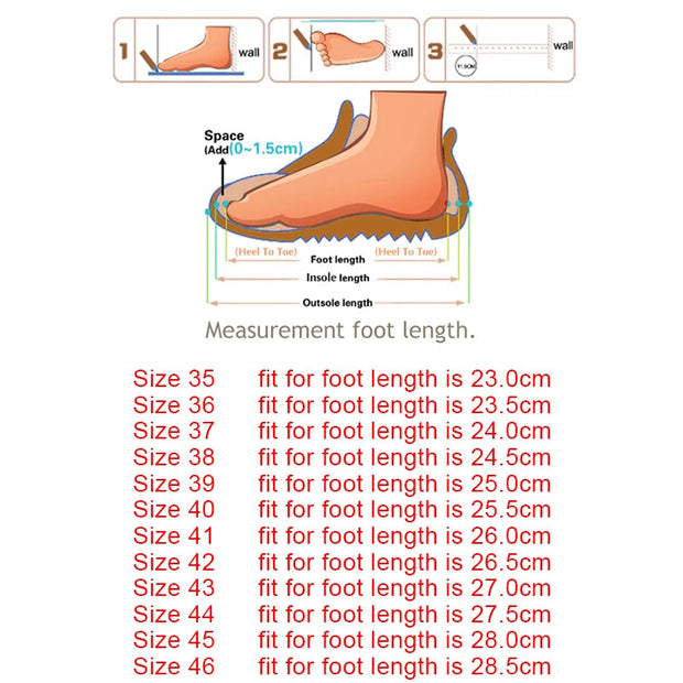 Measurement chart for foot length 