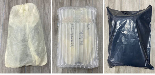 Three types of packaging bags: shoes in a shoebag, bubble bag shockproof, and packaging bag.