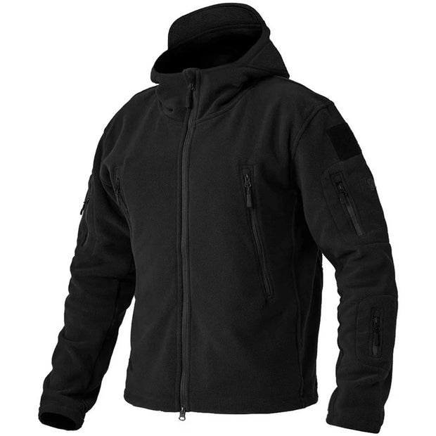Black tactical jacket with multiple pockets on a white background