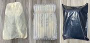 Three different packaging methods for a product on a wooden surface.