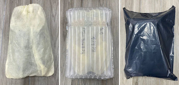 Three different packaging methods for a product on a wooden surface.