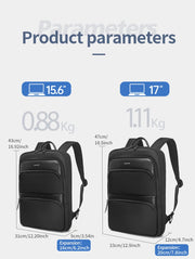 Comparison of two black backpacks with specifications on a light gray background