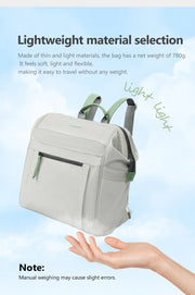 Lightweight backpack with text about material selection and weight