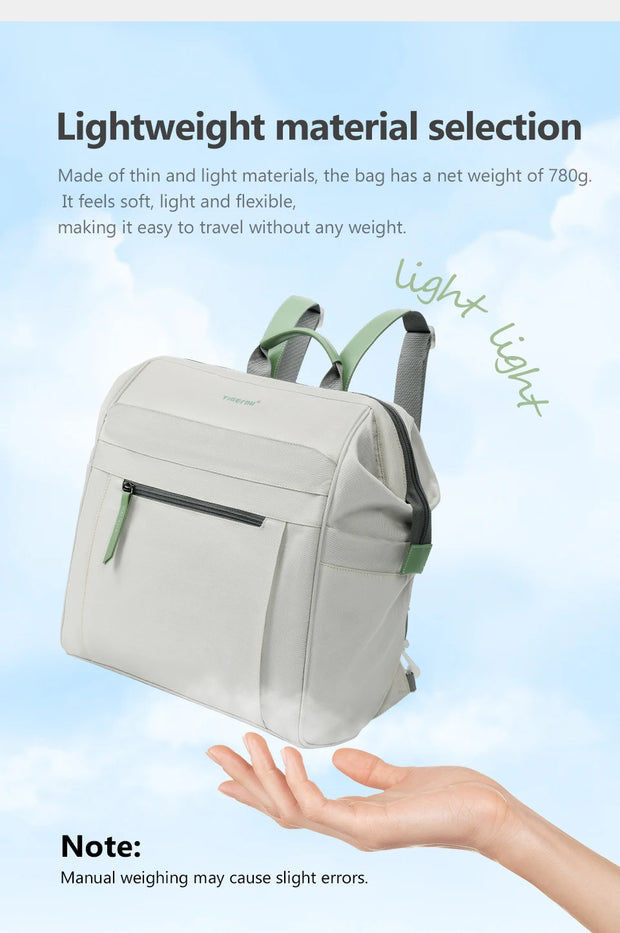 Lightweight backpack with text about material selection and weight