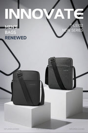Two black men's bags on white cubes with 'INNOVATE' and product details text.