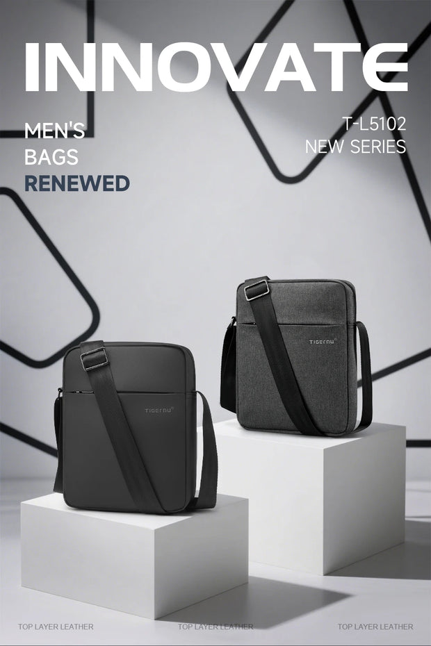 Two black men's bags on white cubes with 'INNOVATE' and product details text.